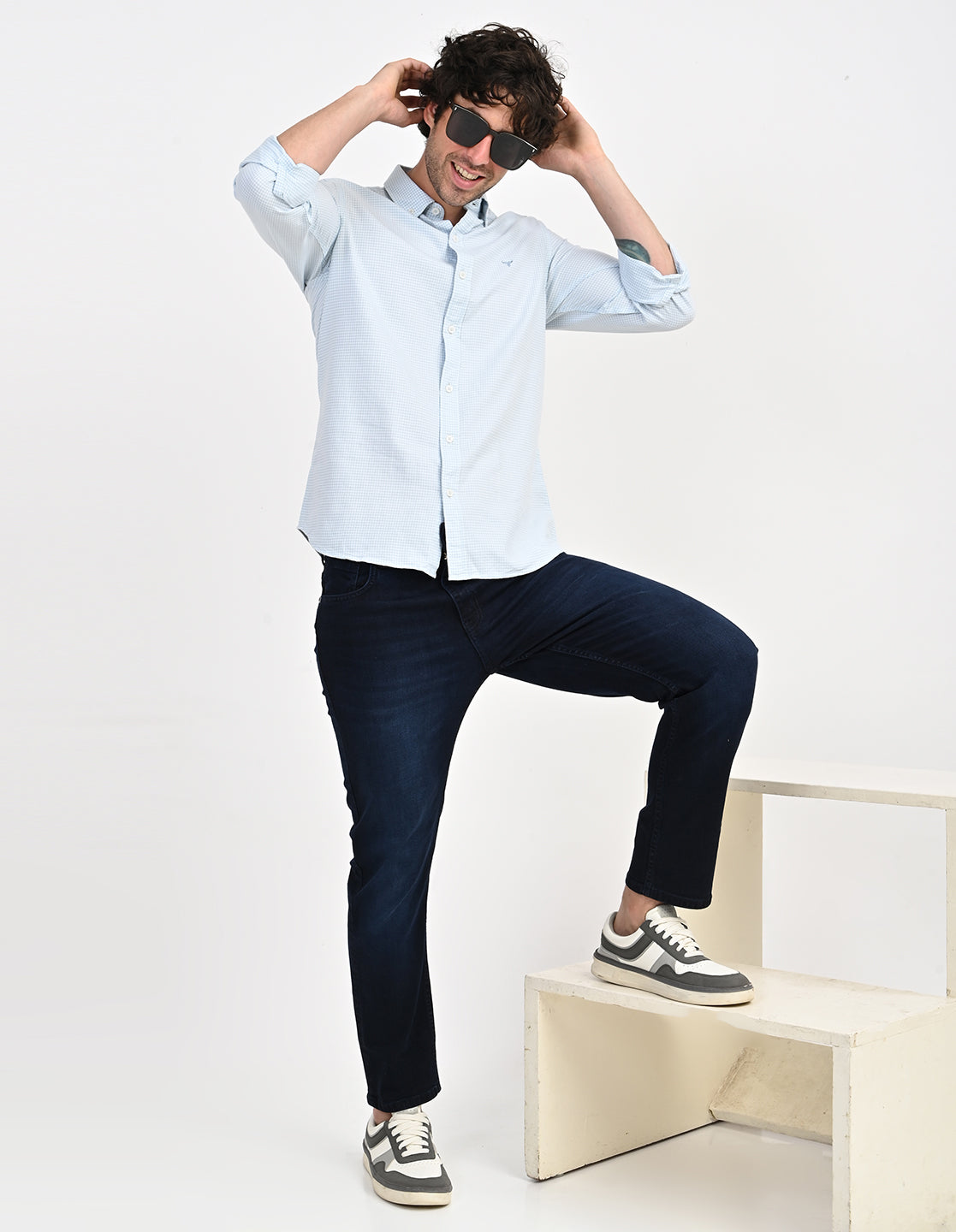 Men's Nativebull Check Button-Down Collar Long Sleeve Cotton Casual Shirt - Light Blue