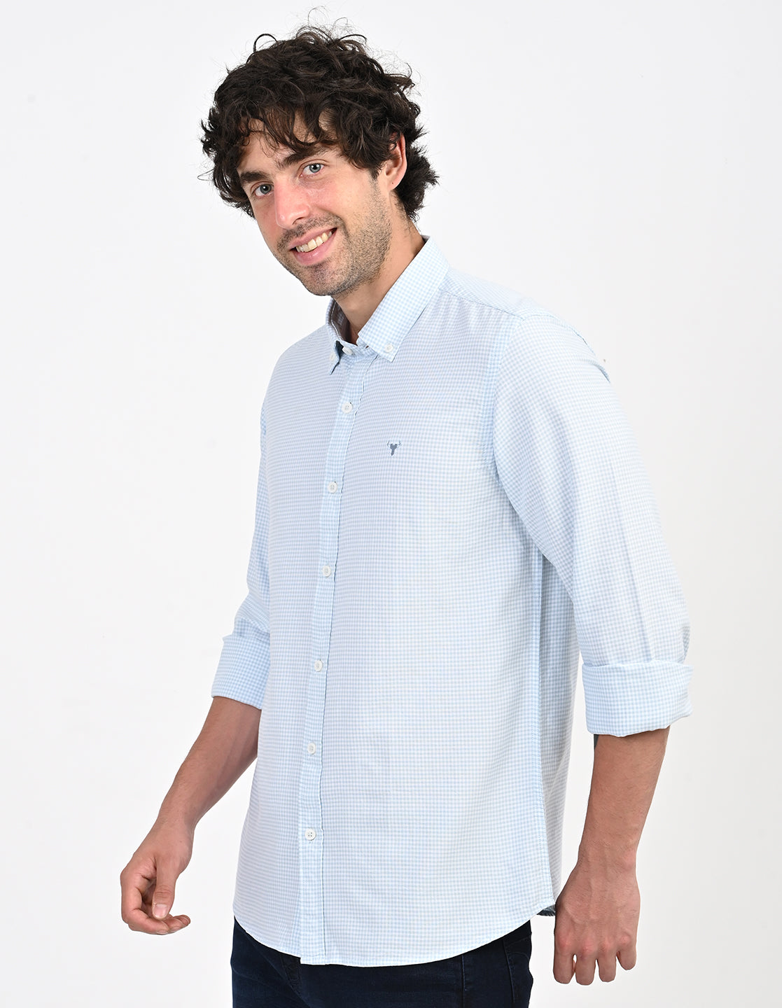 Men's Nativebull Check Button-Down Collar Long Sleeve Cotton Casual Shirt - Light Blue