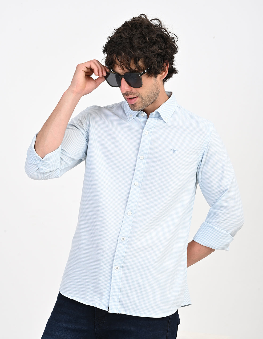 Men's Nativebull Check Button-Down Collar Long Sleeve Cotton Casual Shirt - Light Blue