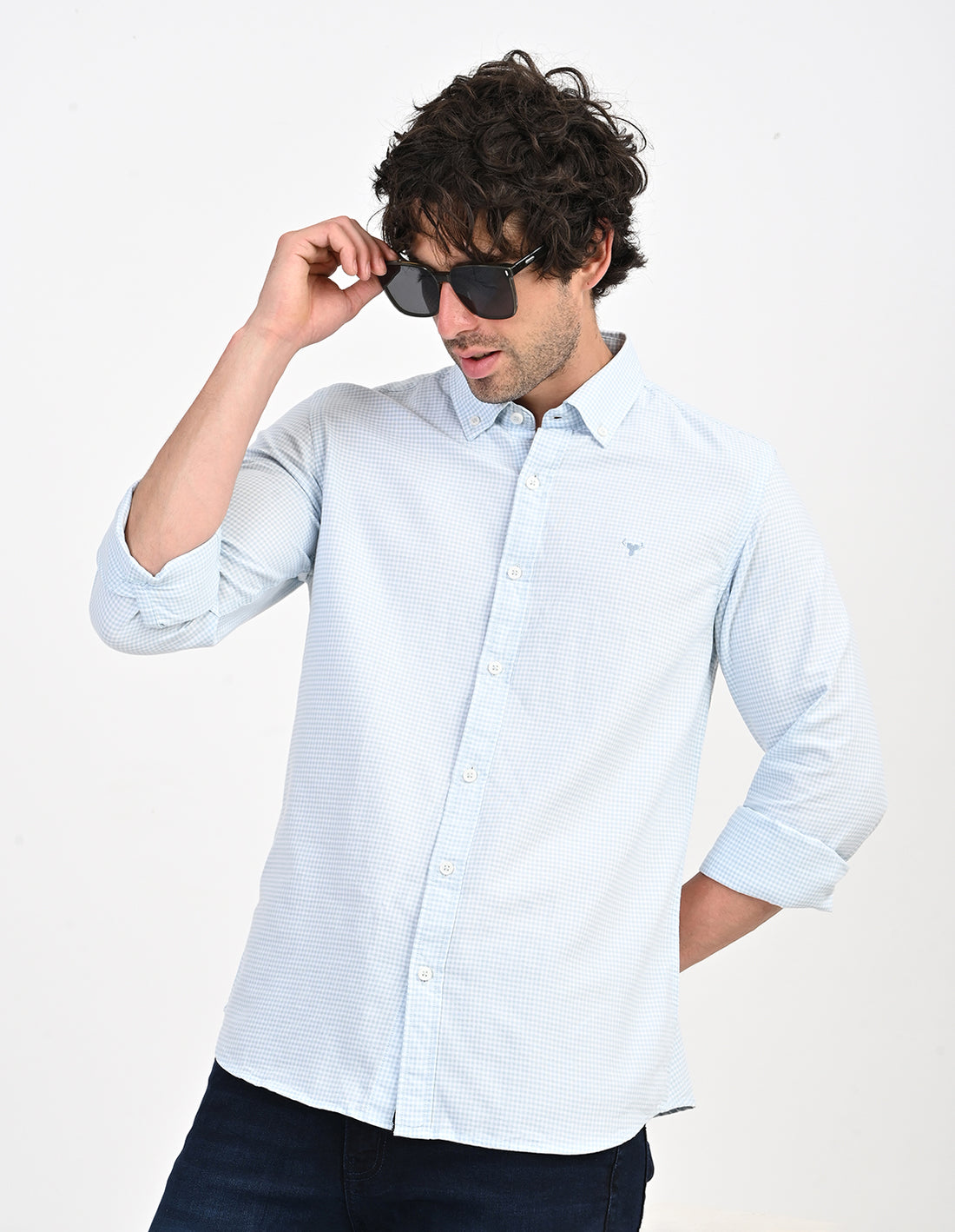 Men's Nativebull Check Button-Down Collar Long Sleeve Cotton Casual Shirt - Light Blue