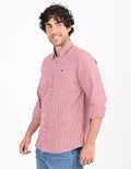 Men's Nativebull Check Button-Down Collar Long Sleeve Cotton Casual Shirt - Red