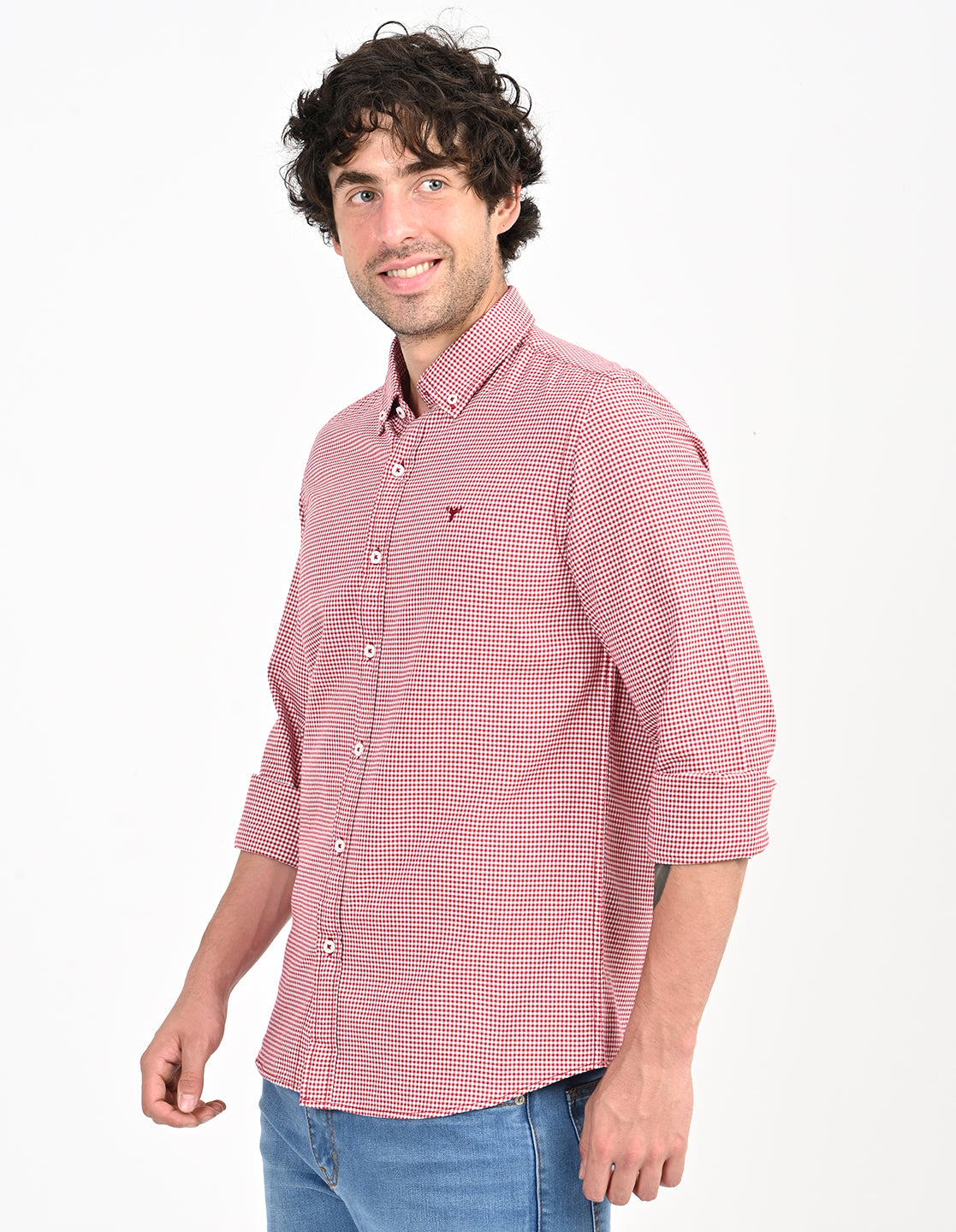 Men's Nativebull Check Button-Down Collar Long Sleeve Cotton Casual Shirt - Red