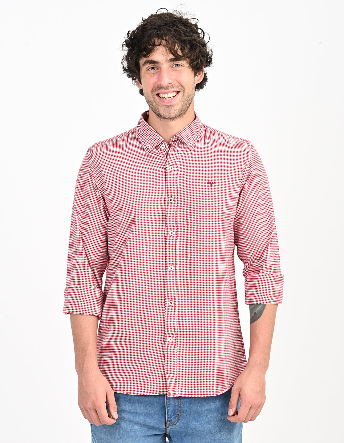 Men's Nativebull Check Button-Down Collar Long Sleeve Cotton Casual Shirt - Red