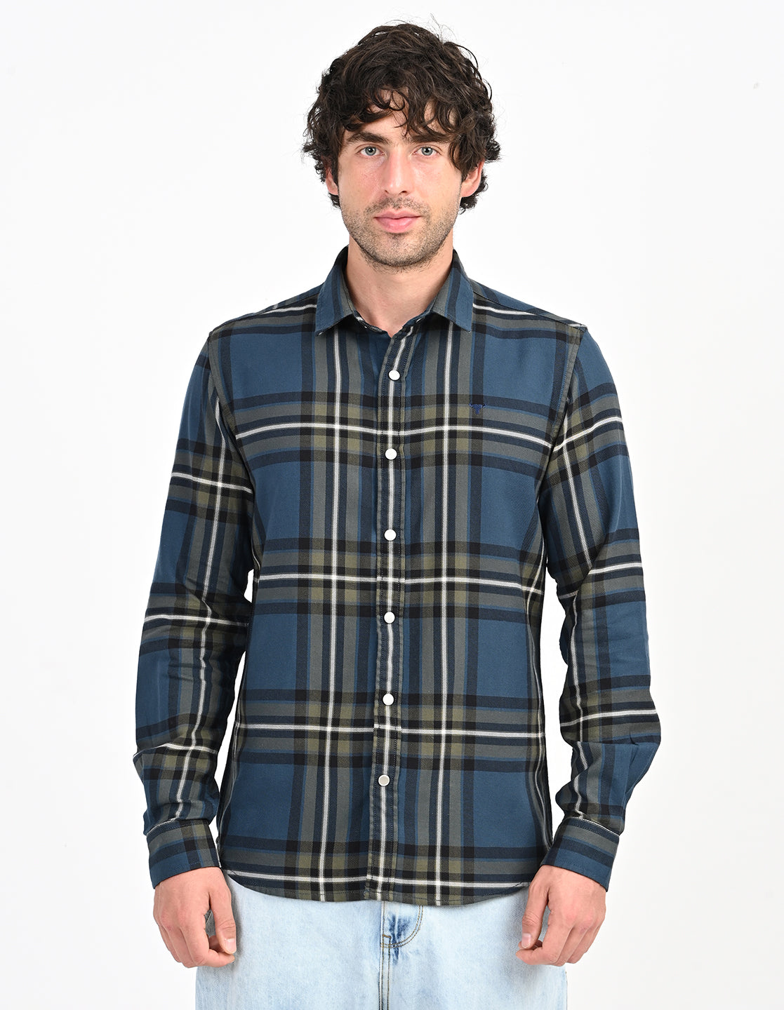 Men's Nativebull Checked Button-Down Collar Long Sleeve Cotton Casual Shirt - Teal