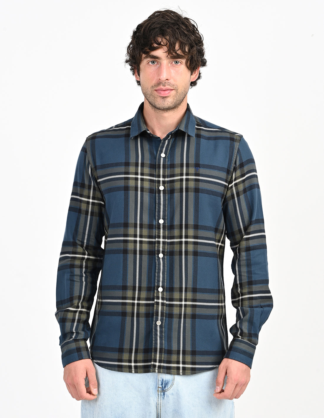 Men's Nativebull Checked Button-Down Collar Long Sleeve Cotton Casual Shirt - Teal