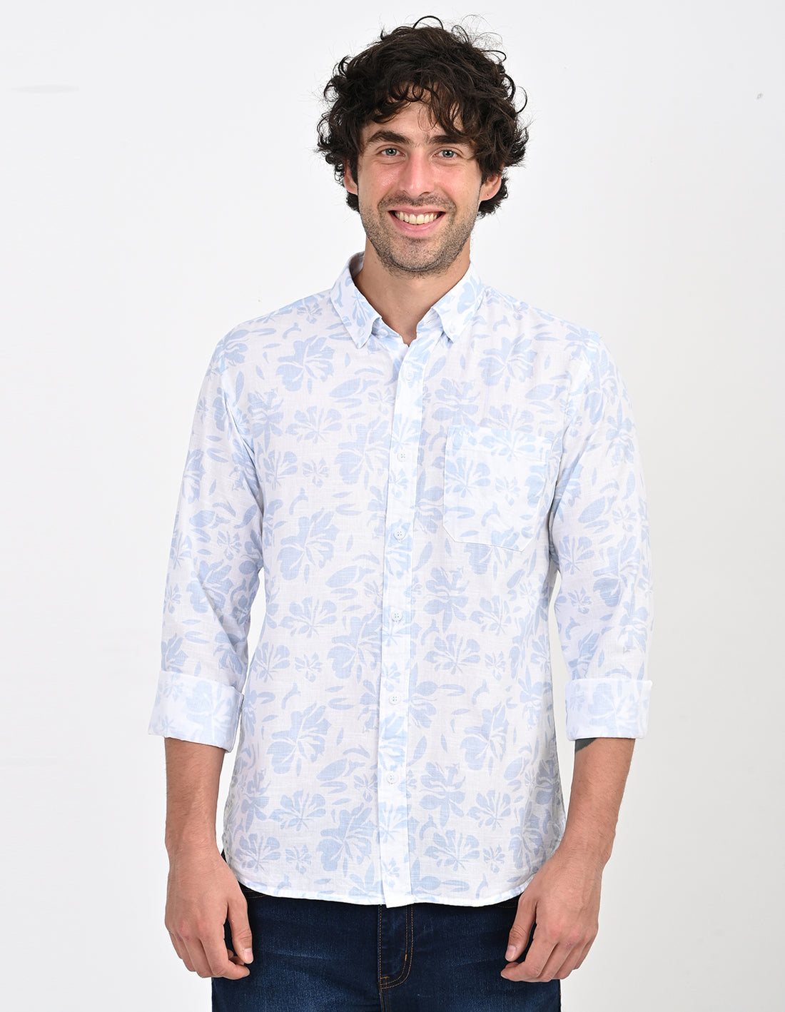 Men's Nativebull Floral Print Button-Down Collar Long Sleeve Cotton Casual Shirt - Off White