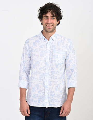 Men's Nativebull Floral Print Button-Down Collar Long Sleeve Cotton Casual Shirt - Off White