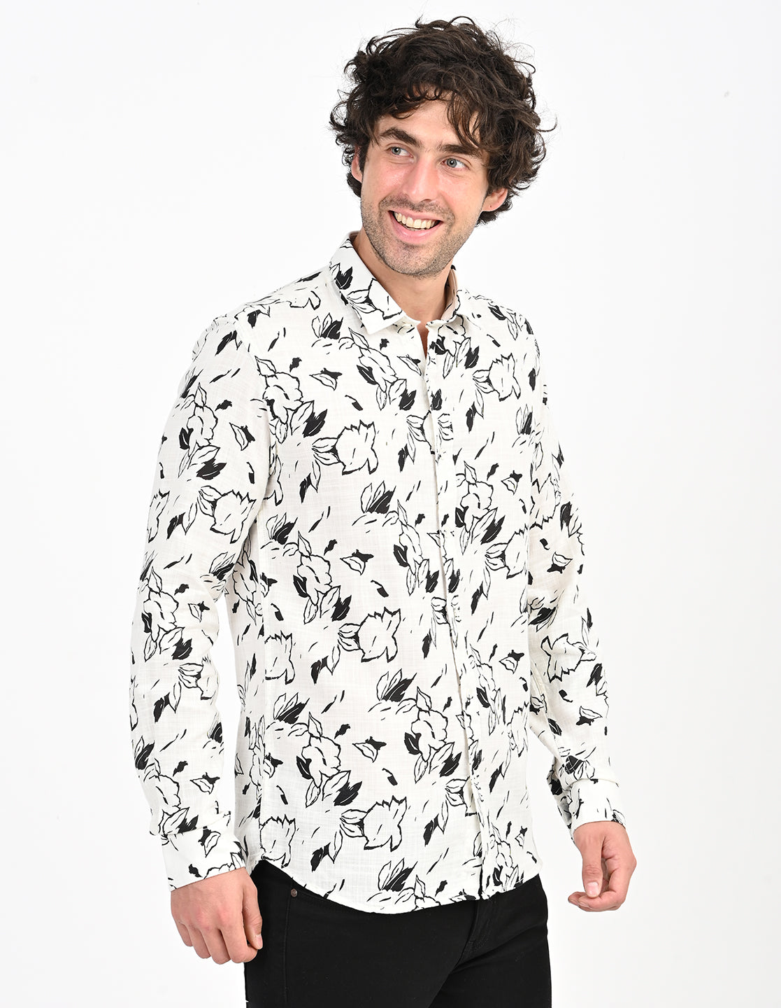 Men's Nativebull Floral Printed Button-Down Collar Long Sleeve Cotton Casual Shirt - Off White
