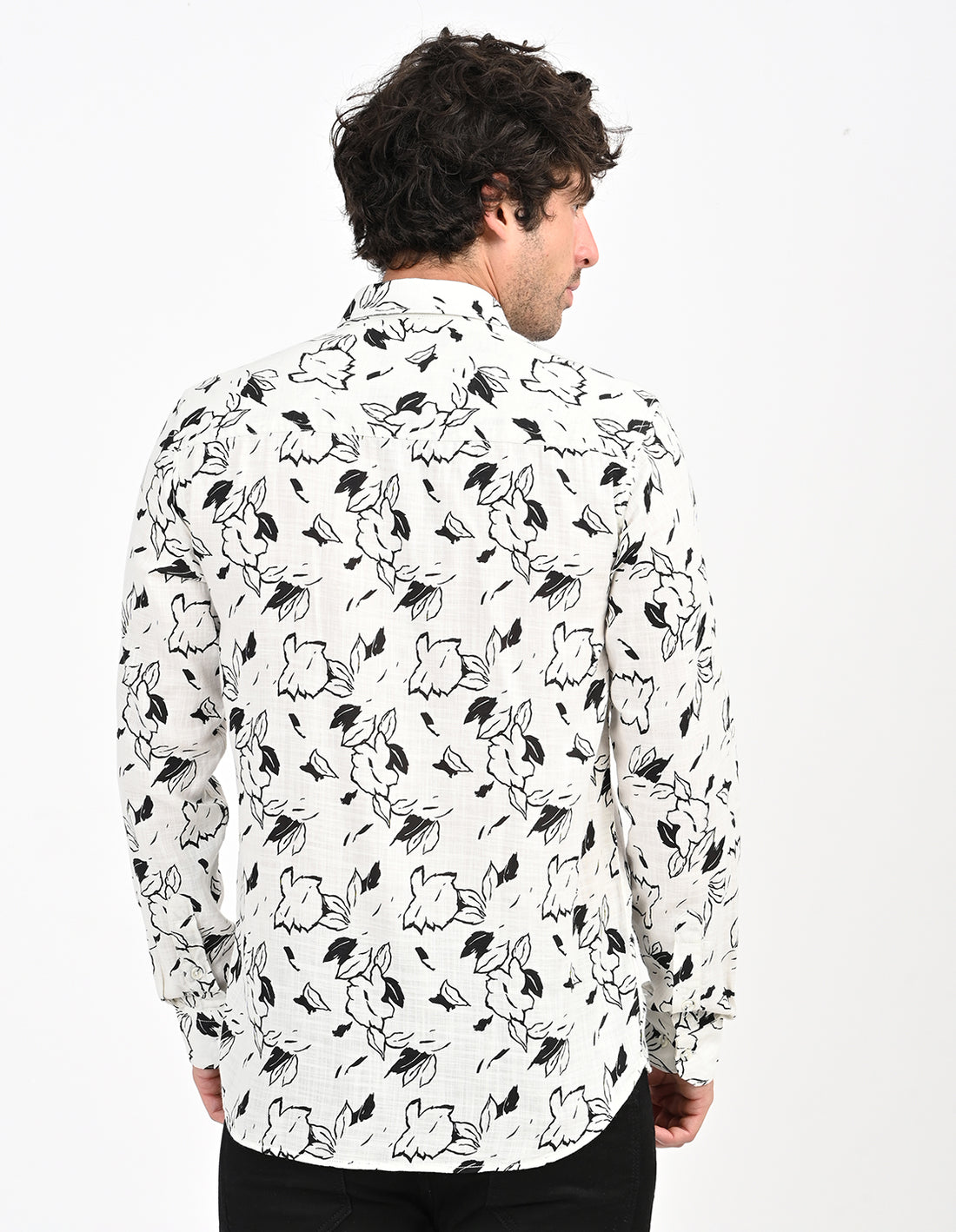 Men's Nativebull Floral Printed Button-Down Collar Long Sleeve Cotton Casual Shirt - Off White