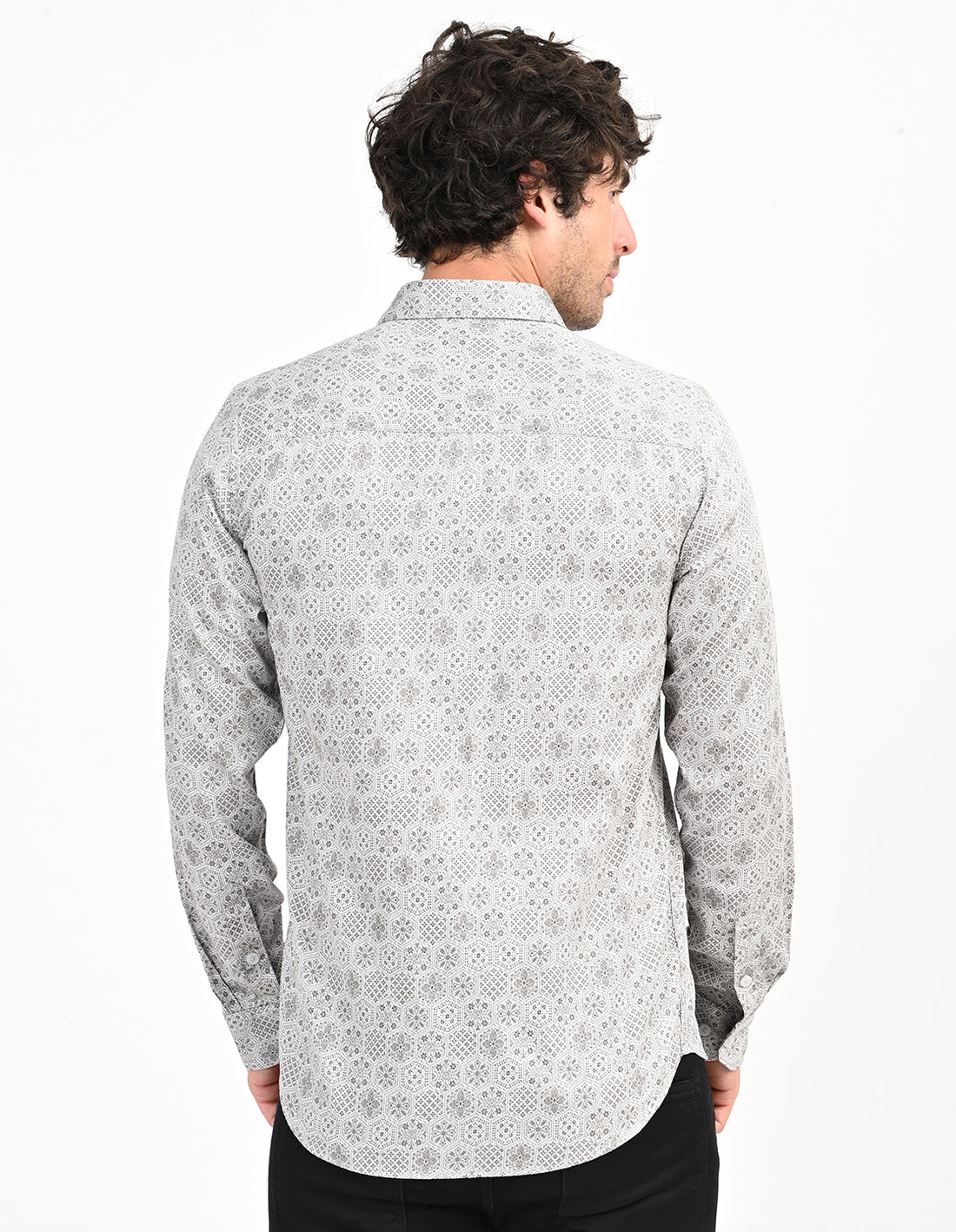 Men's Nativebull Geometric Print Button-Down Collar Long Sleeve Cotton Casual Shirt - Grey