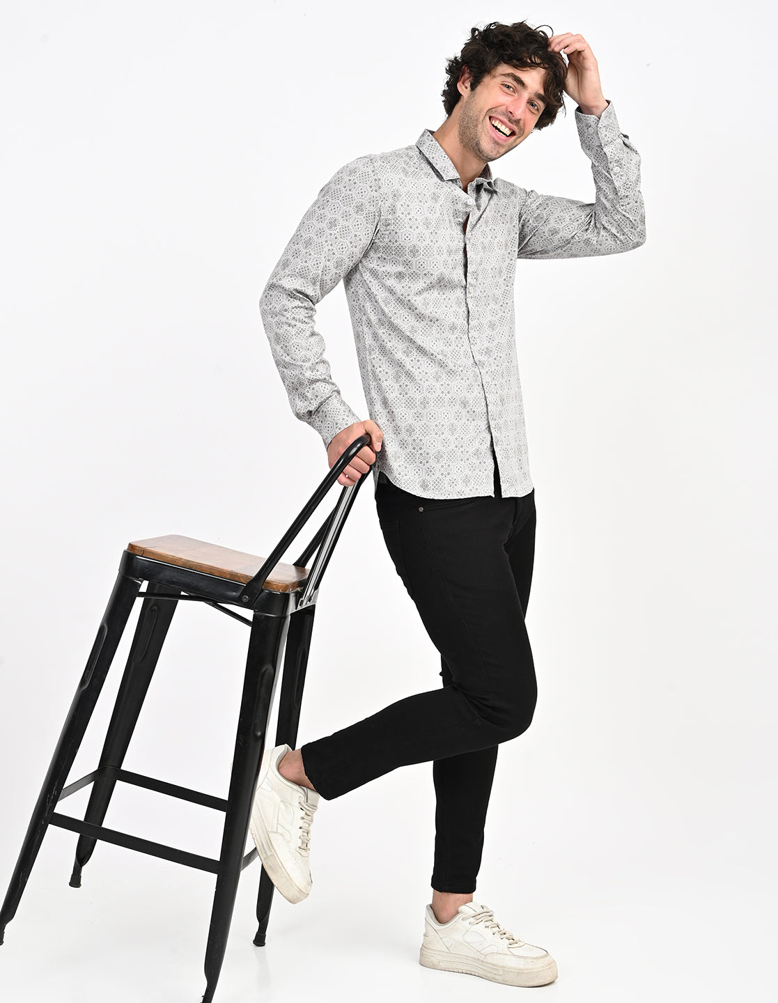 Men's Nativebull Geometric Print Button-Down Collar Long Sleeve Cotton Casual Shirt - Grey