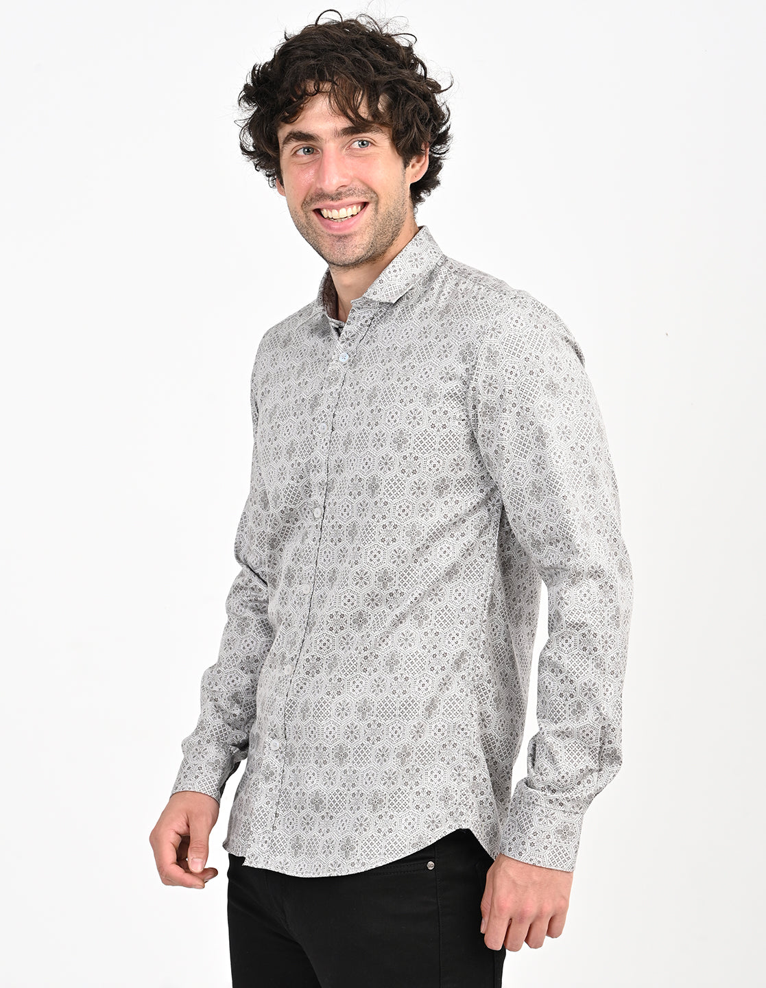 Men's Nativebull Geometric Print Button-Down Collar Long Sleeve Cotton Casual Shirt - Grey