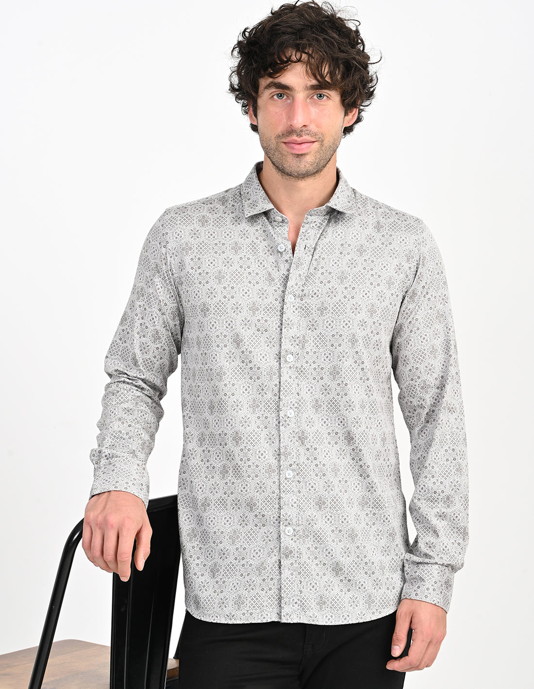 Men's Nativebull Geometric Print Button-Down Collar Long Sleeve Cotton Casual Shirt - Grey