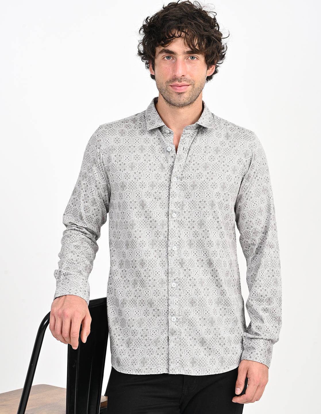 Men's Nativebull Geometric Print Button-Down Collar Long Sleeve Cotton Casual Shirt - Grey