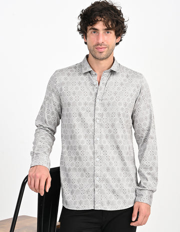 Men's Nativebull Geometric Print Button-Down Collar Long Sleeve Cotton Casual Shirt - Grey