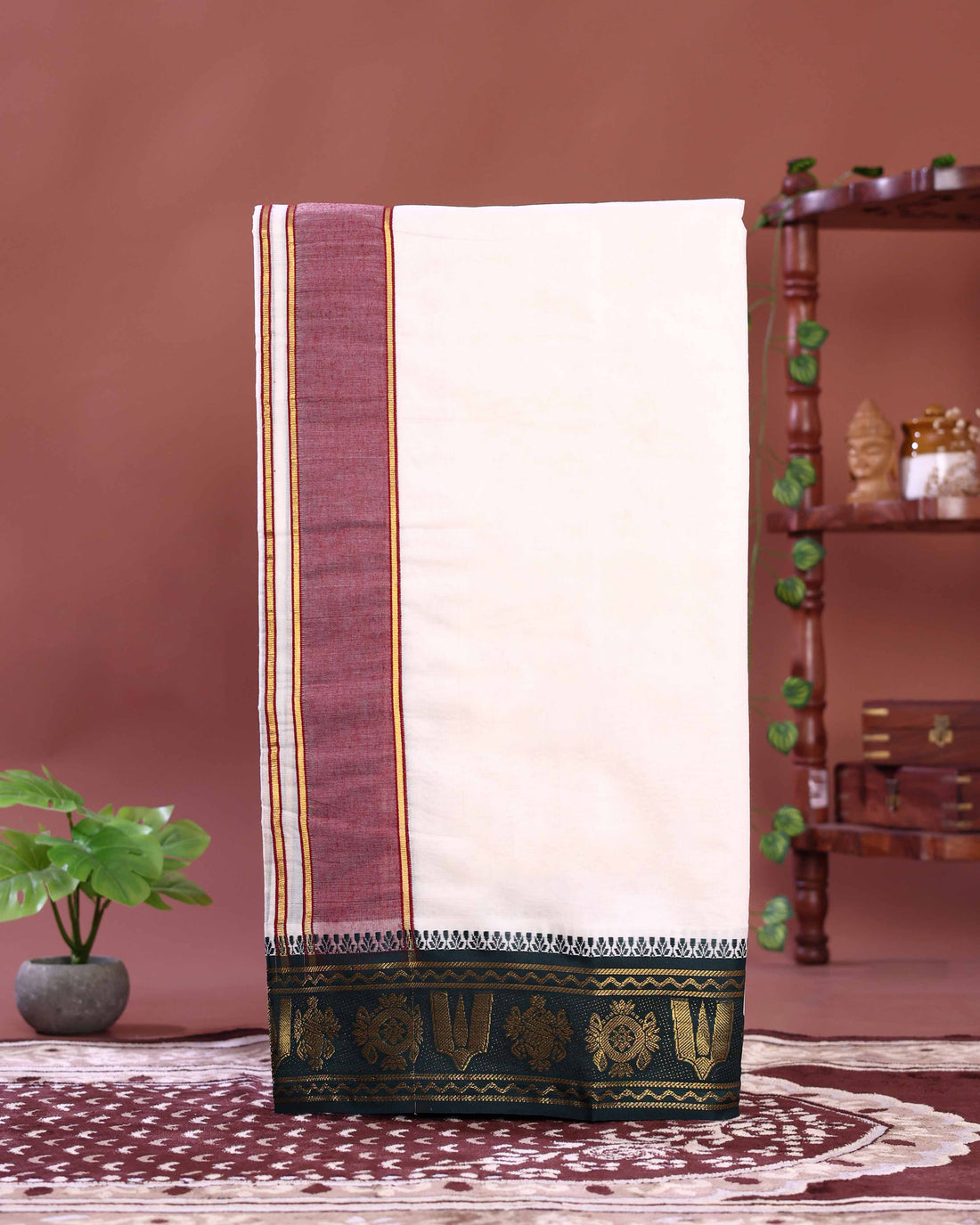 Men’s Premium Cotton Dhoti 10*6 Meter Temple Border with Traditional Temple Border Design – Off White