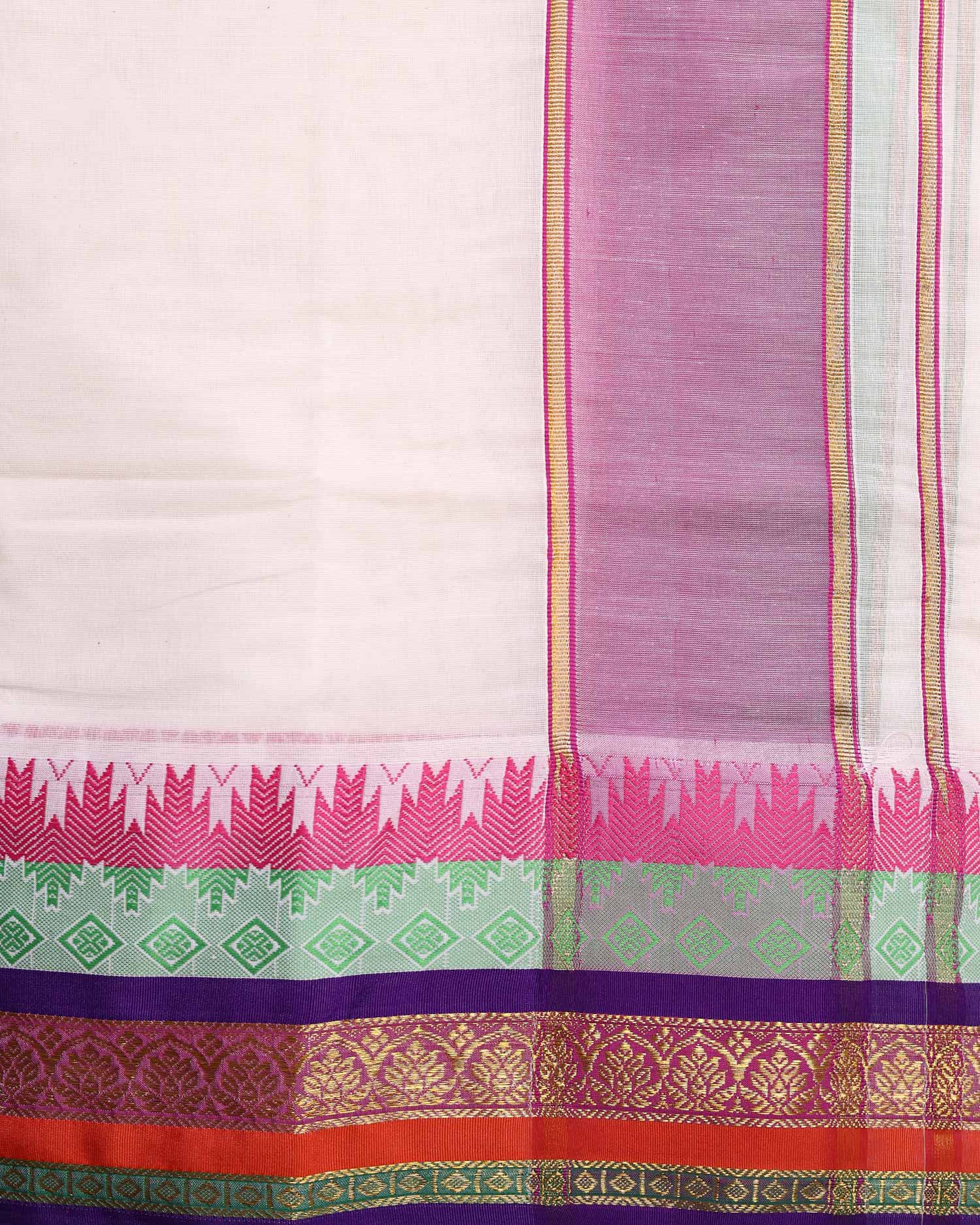 Men’s Premium Cotton Dhoti 3.65 Meter with Traditional Temple Border – Off White-Close Up-Border