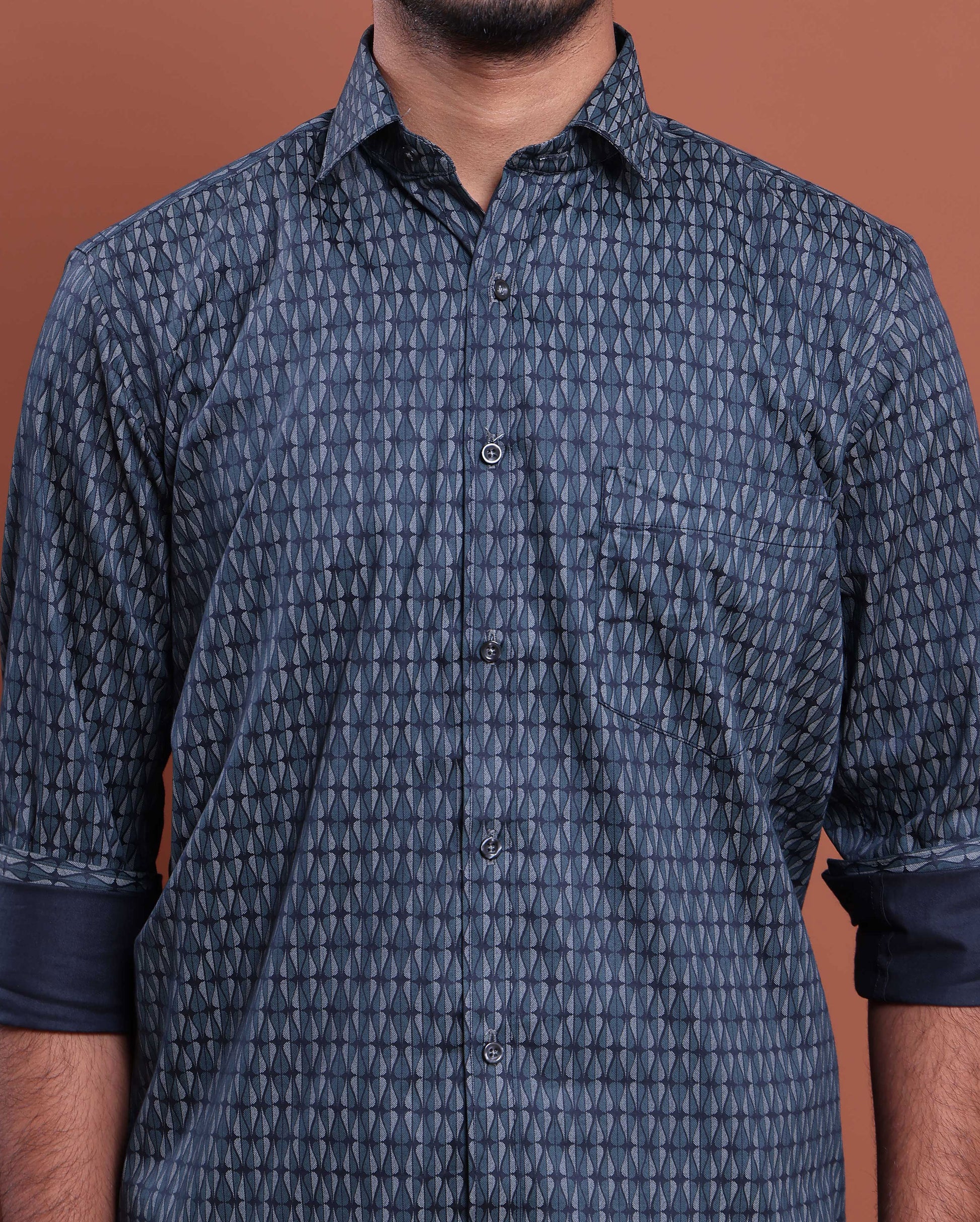 Men's Printed Full Sleeve Shirt and Traditional Dhoti Set with Designer Border - Blue