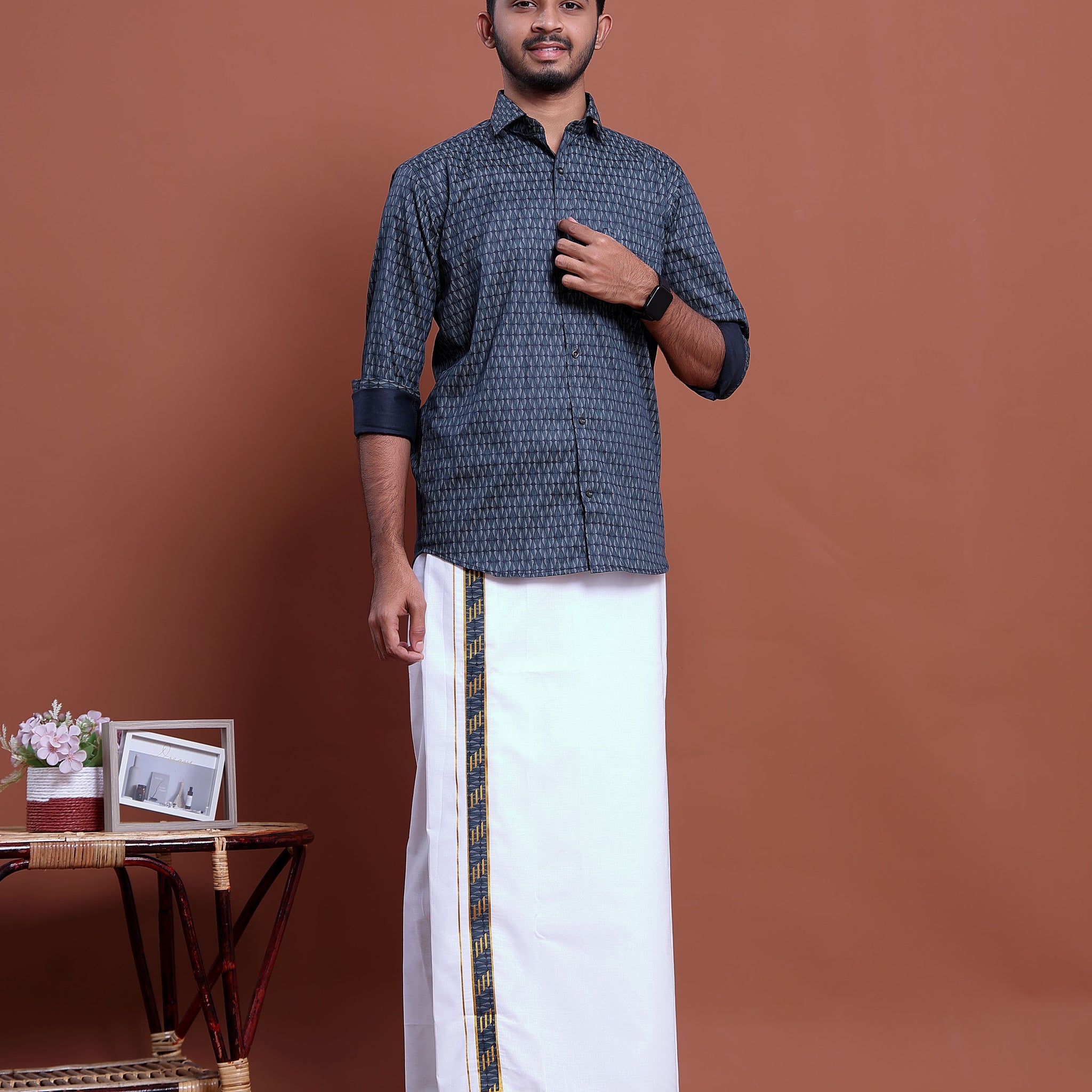 Men's Printed Full Sleeve Shirt and Traditional Dhoti Set with Designer Border - Blue