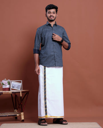 Men's Printed Full Sleeve Shirt and Traditional Dhoti Set with Designer Border - Blue