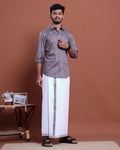 Men's Printed Full Sleeve Shirt and Traditional Dhoti Set with Designer Border - Purple