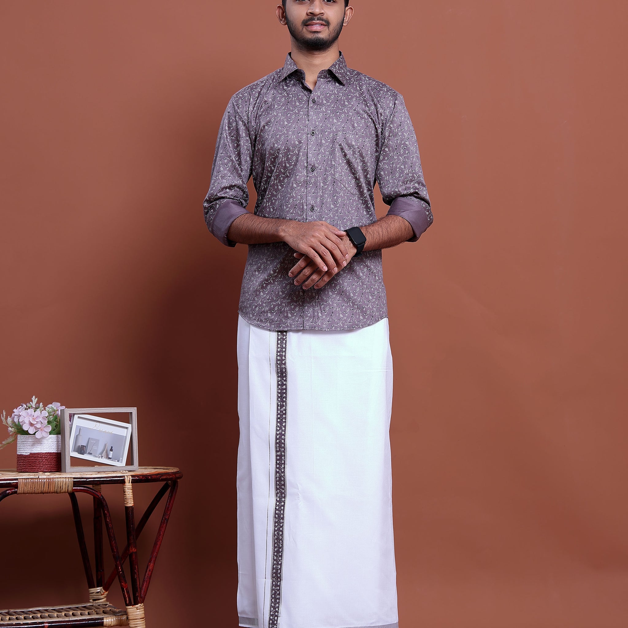 Men's Printed Full Sleeve Shirt and Traditional Dhoti Set with Designer Border - Purple