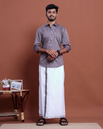 Men's Printed Full Sleeve Shirt and Traditional Dhoti Set with Designer Border - Purple