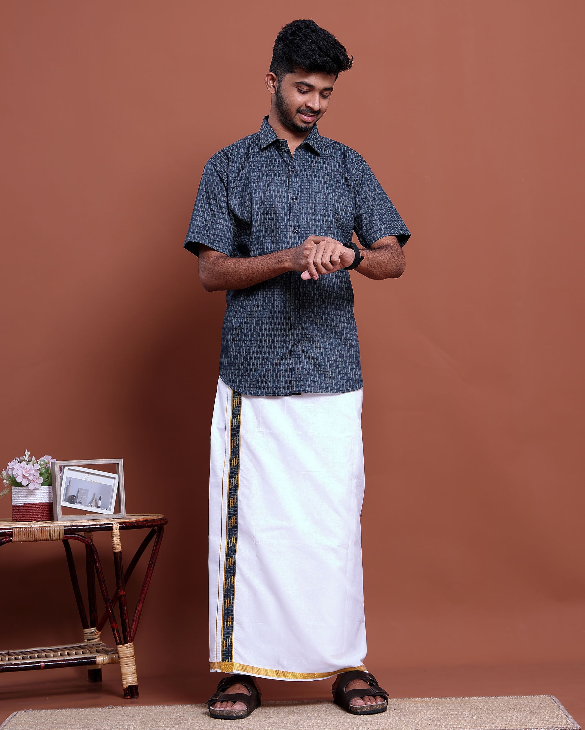 Men's Printed Half Sleeve Shirt and Traditional Dhoti Set with Designer Border - Blue