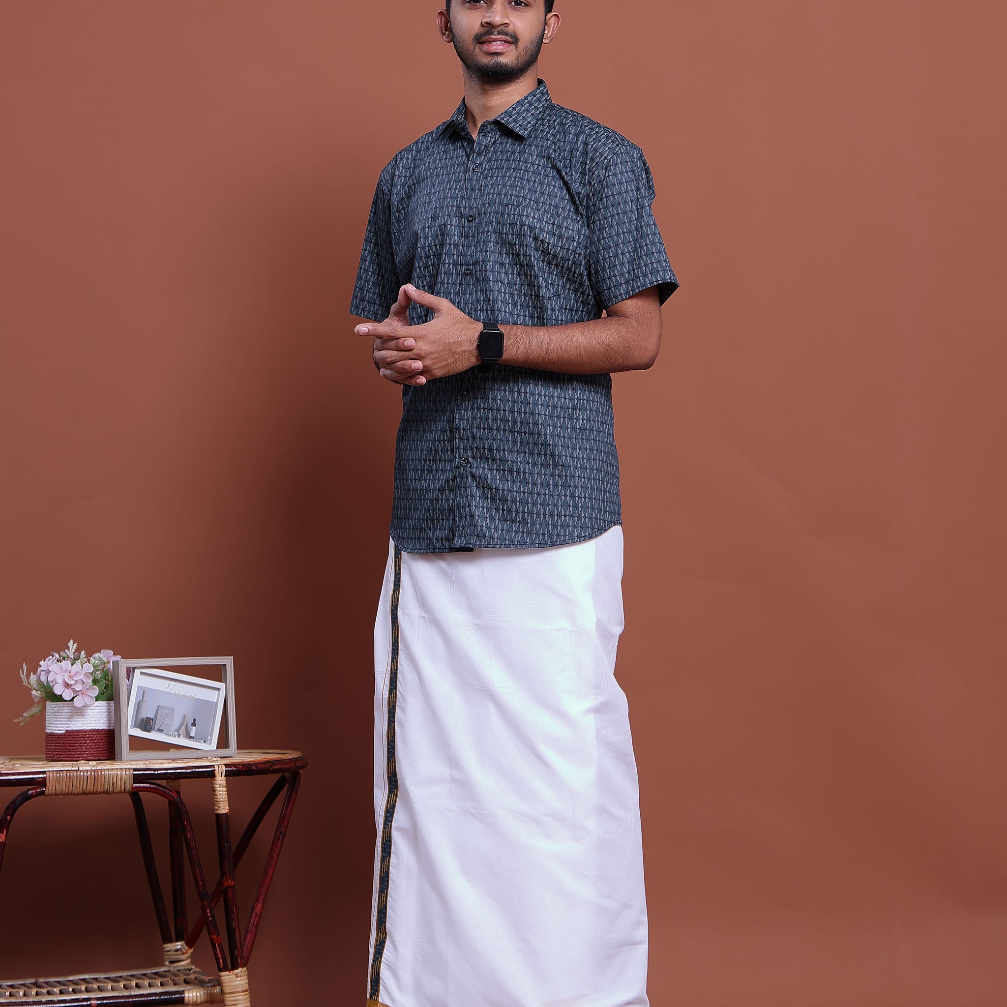 Men's Printed Half Sleeve Shirt and Traditional Dhoti Set with Designer Border - Blue