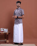 Men's Printed Half Sleeve Shirt and Traditional Dhoti Set with Designer Border - Purple