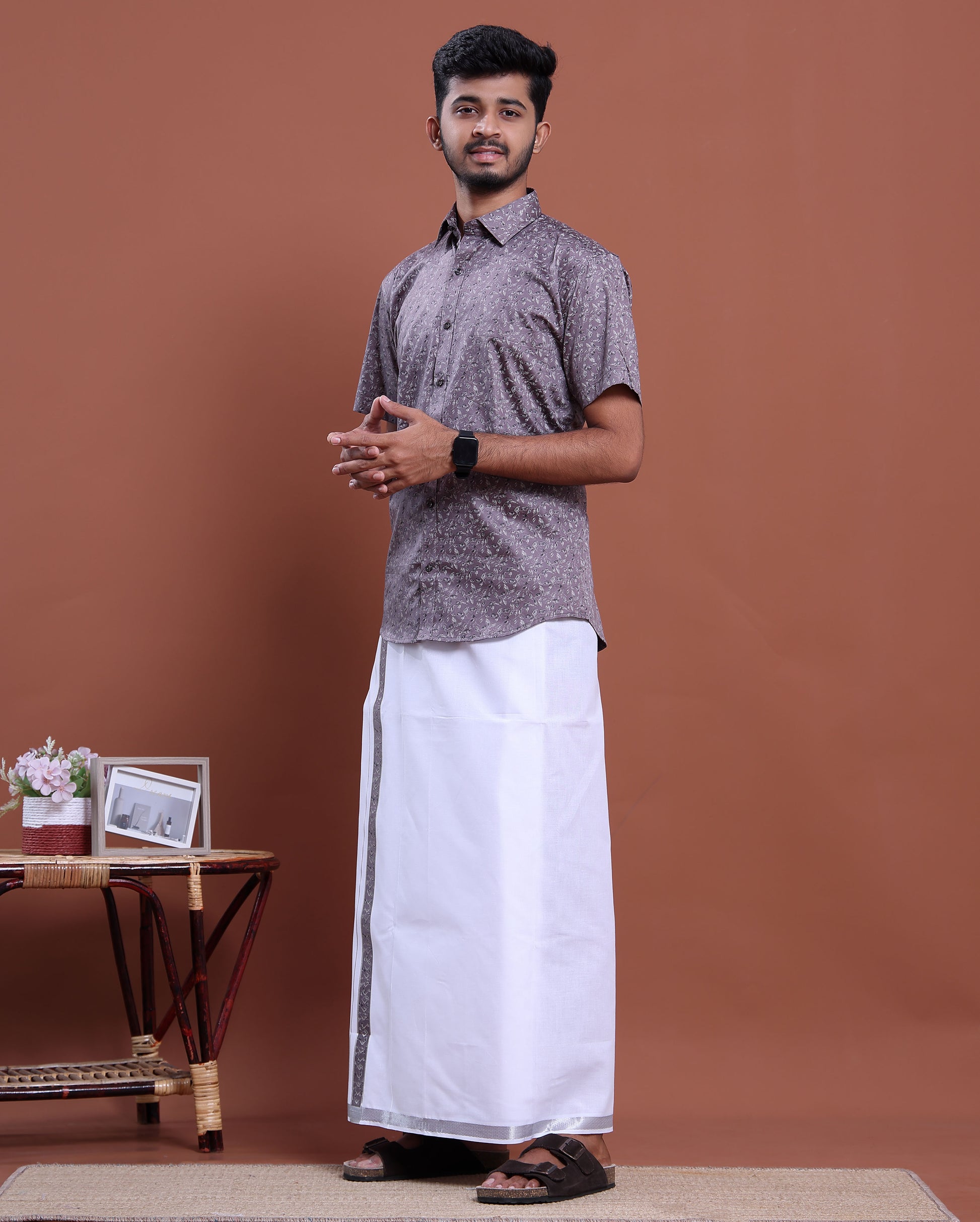 Men's Printed Half Sleeve Shirt and Traditional Dhoti Set with Designer Border - Purple