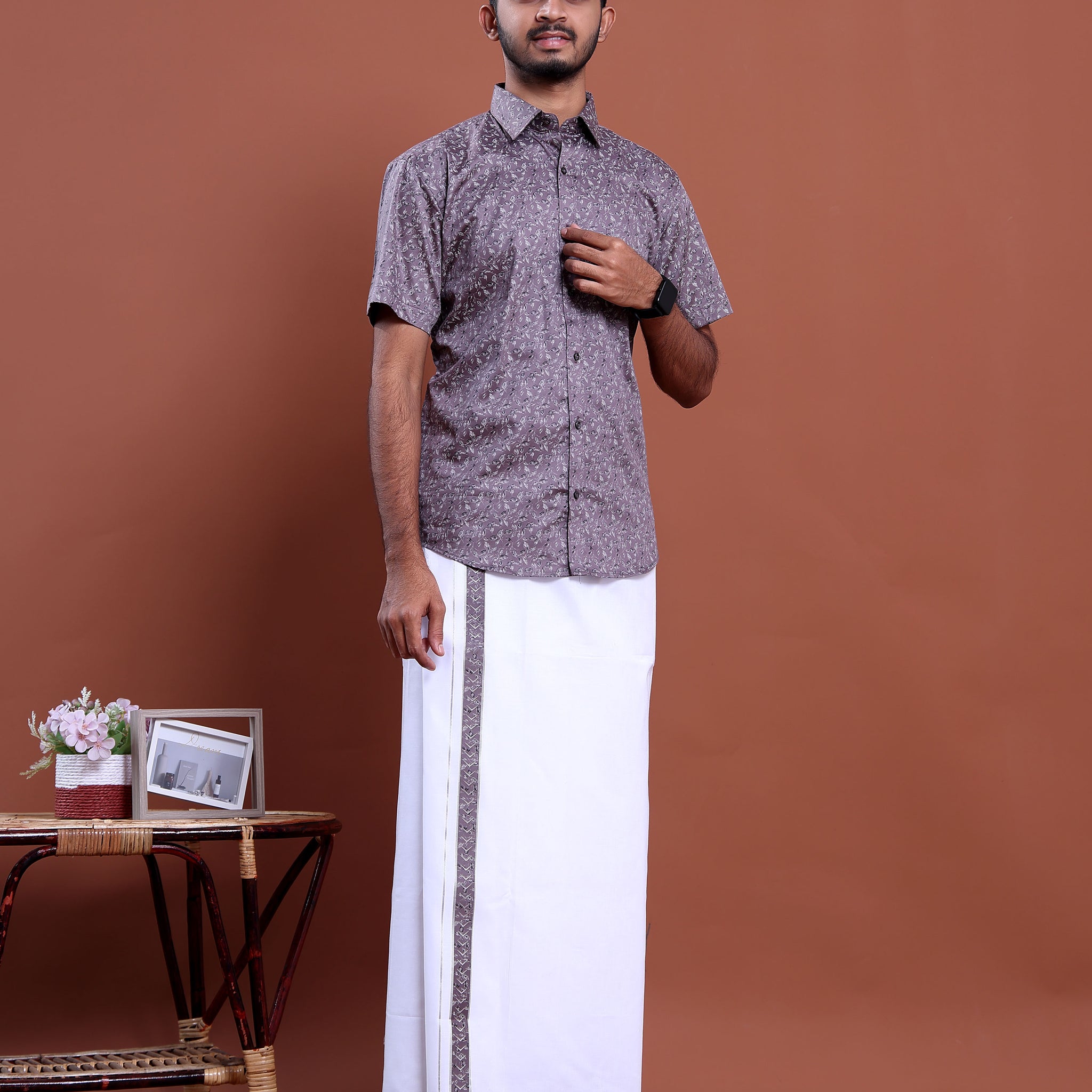 Men's Printed Half Sleeve Shirt and Traditional Dhoti Set with Designer Border - Purple