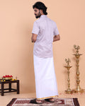 Men's Printed Shirt and Traditional Dhoti Set with Elegant Zari Border - Lavender