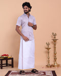 Men's Printed Shirt and Traditional Dhoti Set with Elegant Zari Border - Lavender