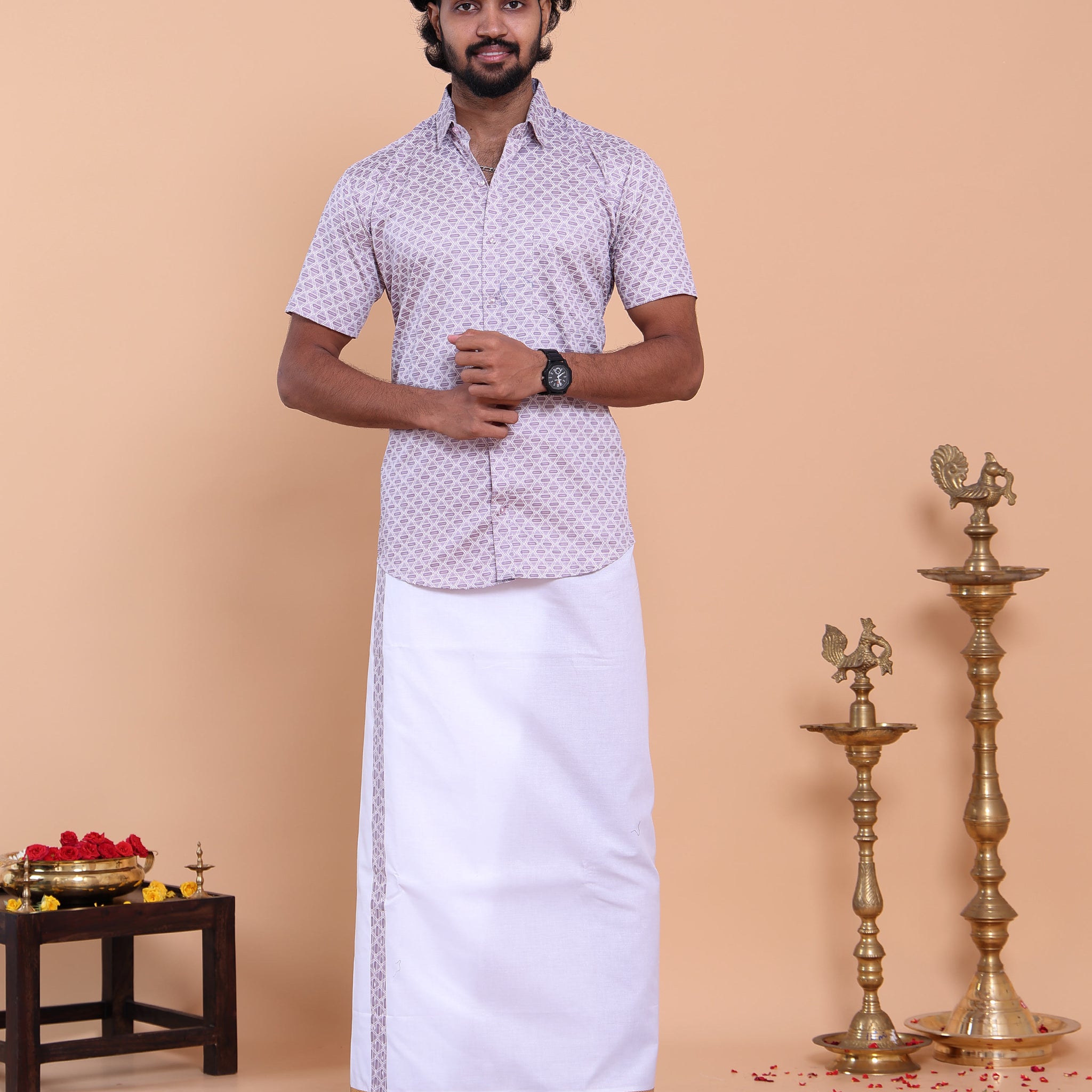 Men's Printed Shirt and Traditional Dhoti Set with Elegant Zari Border - Lavender