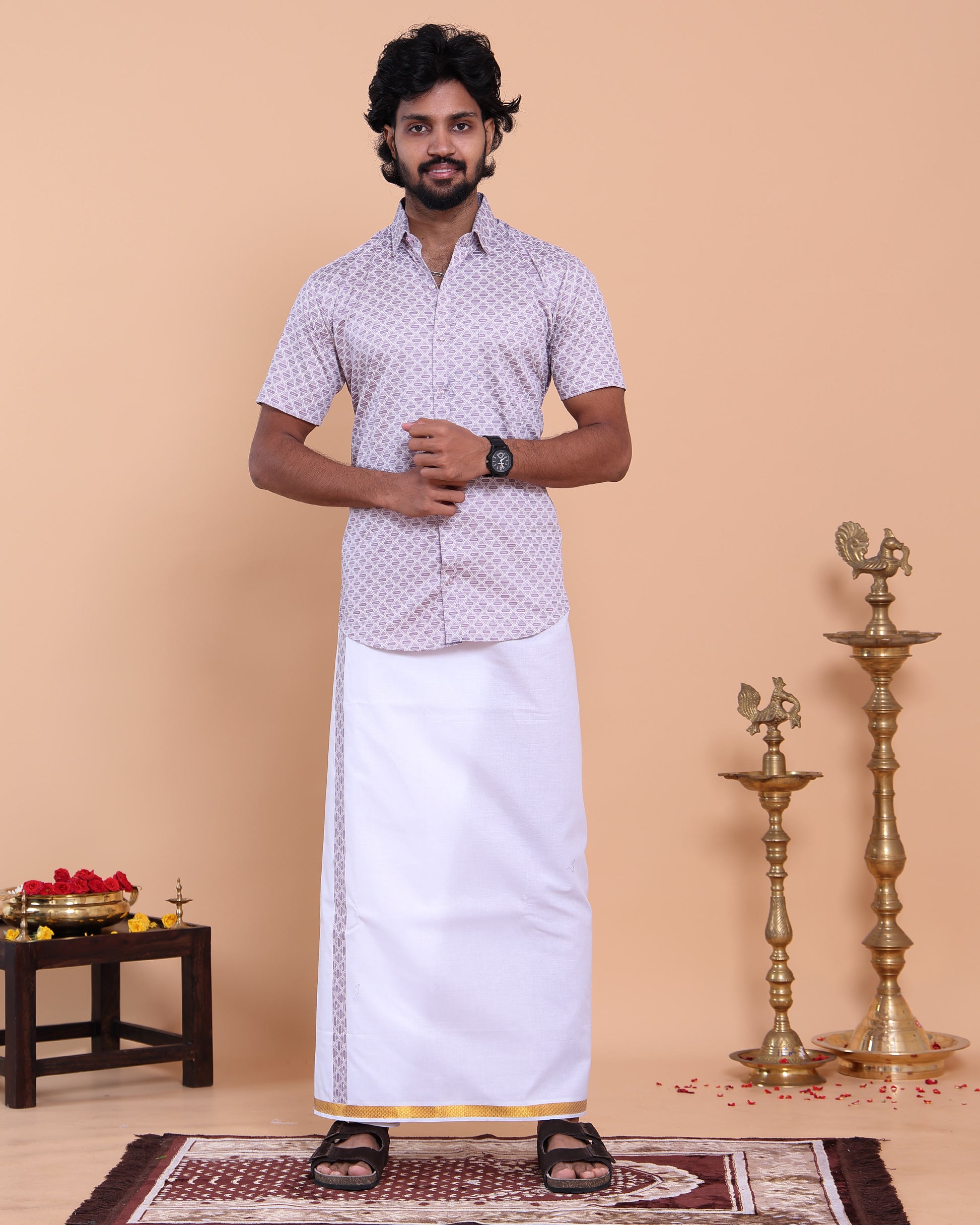 Men's Printed Shirt and Traditional Dhoti Set with Elegant Zari Border - Lavender