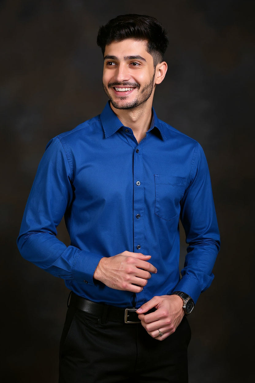 Men's Solid Slim Fit Formal Shirt with Spread Collar and Full Sleeves, Dark Blue Front View