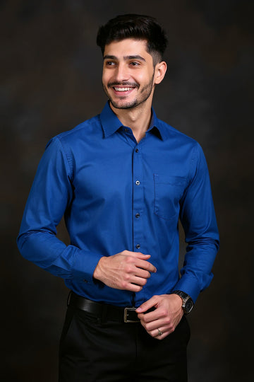 Men's Solid Slim Fit Formal Shirt with Spread Collar and Full Sleeves, Dark Blue Front View