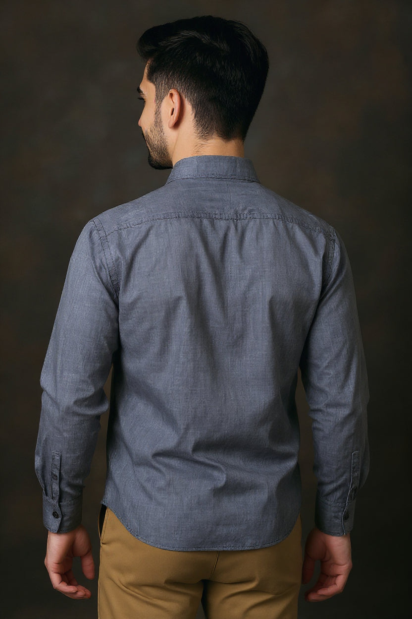 Men's Solid Slim Fit Formal Shirt with Spread Collar and Full Sleeves, Grey Front View