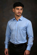 Men's Solid Slim Fit Formal Shirt with Spread Collar and Full Sleeves, Light Blue Front View