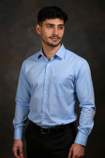 Men's Solid Slim Fit Formal Shirt with Spread Collar and Full Sleeves, Light Blue Front View