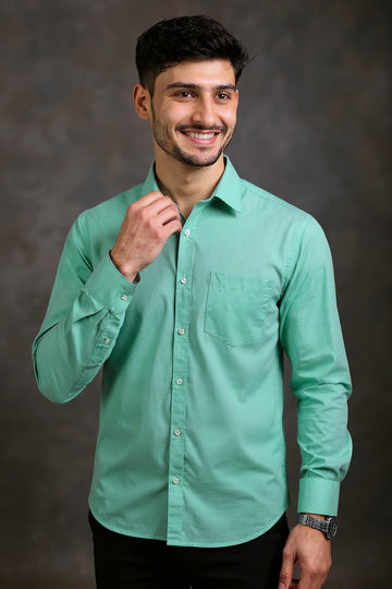 Men's Solid Slim Fit Formal Shirt with Spread Collar and Full Sleeves, Light Green Front View