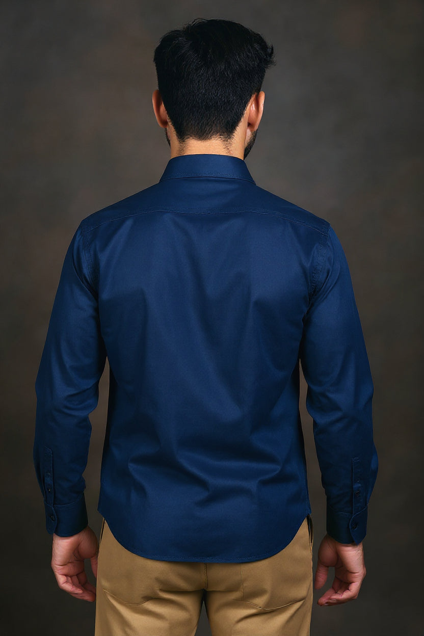 Men's Solid Slim Fit Formal Shirt with Spread Collar and Full Sleeves, Navy Blue Front View