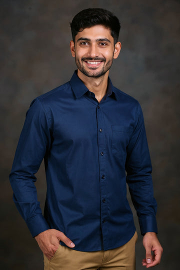 Men's Solid Slim Fit Formal Shirt with Spread Collar and Full Sleeves, Navy Blue Front View