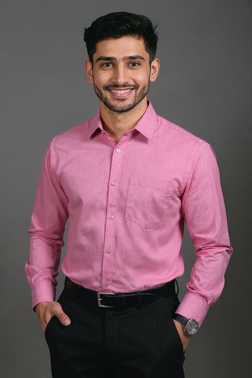 Men's Solid Slim Fit Formal Shirt with Spread Collar and Full Sleeves, Pink Front View