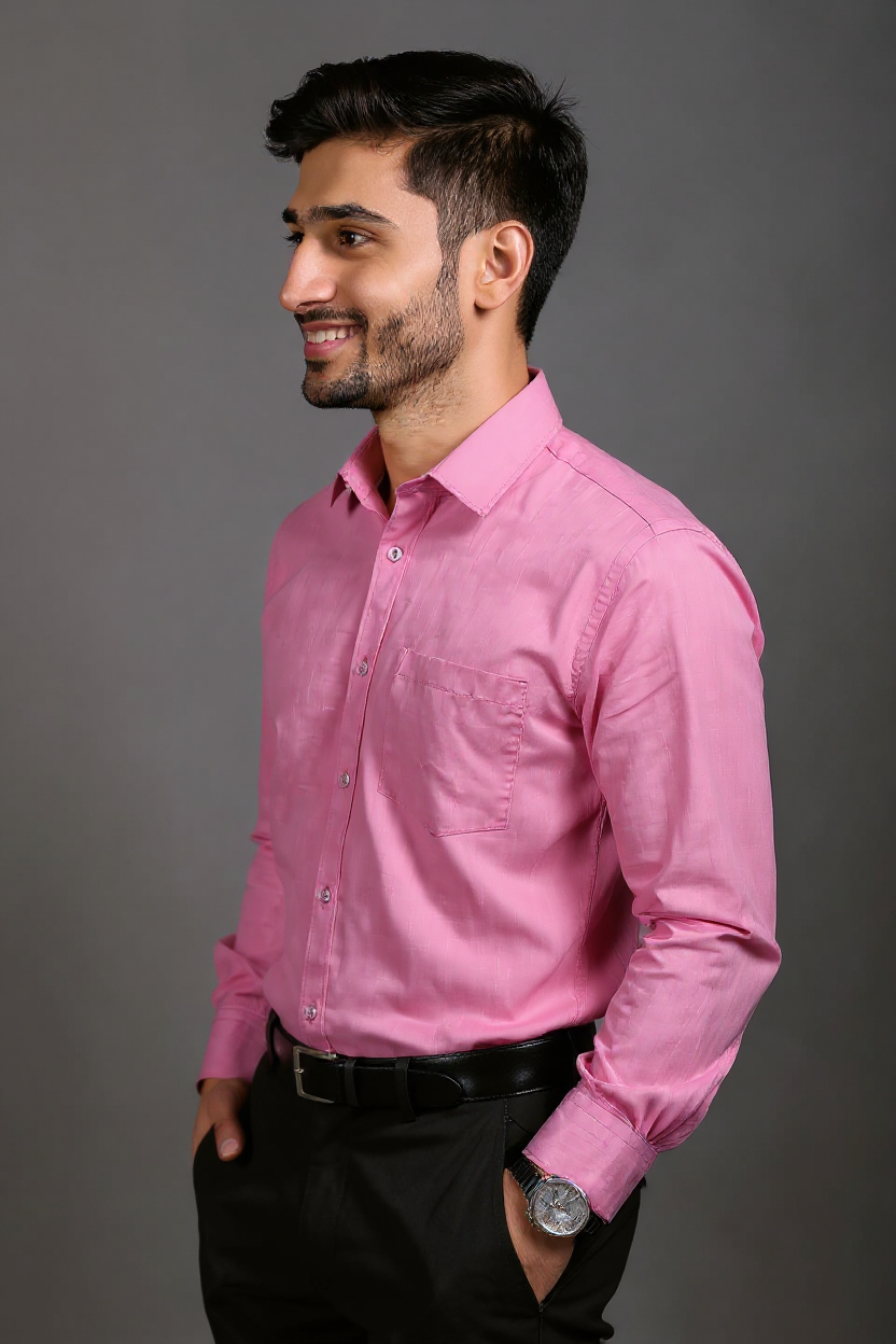 Men's Solid Slim Fit Formal Shirt with Spread Collar and Full Sleeves, Pink Side View