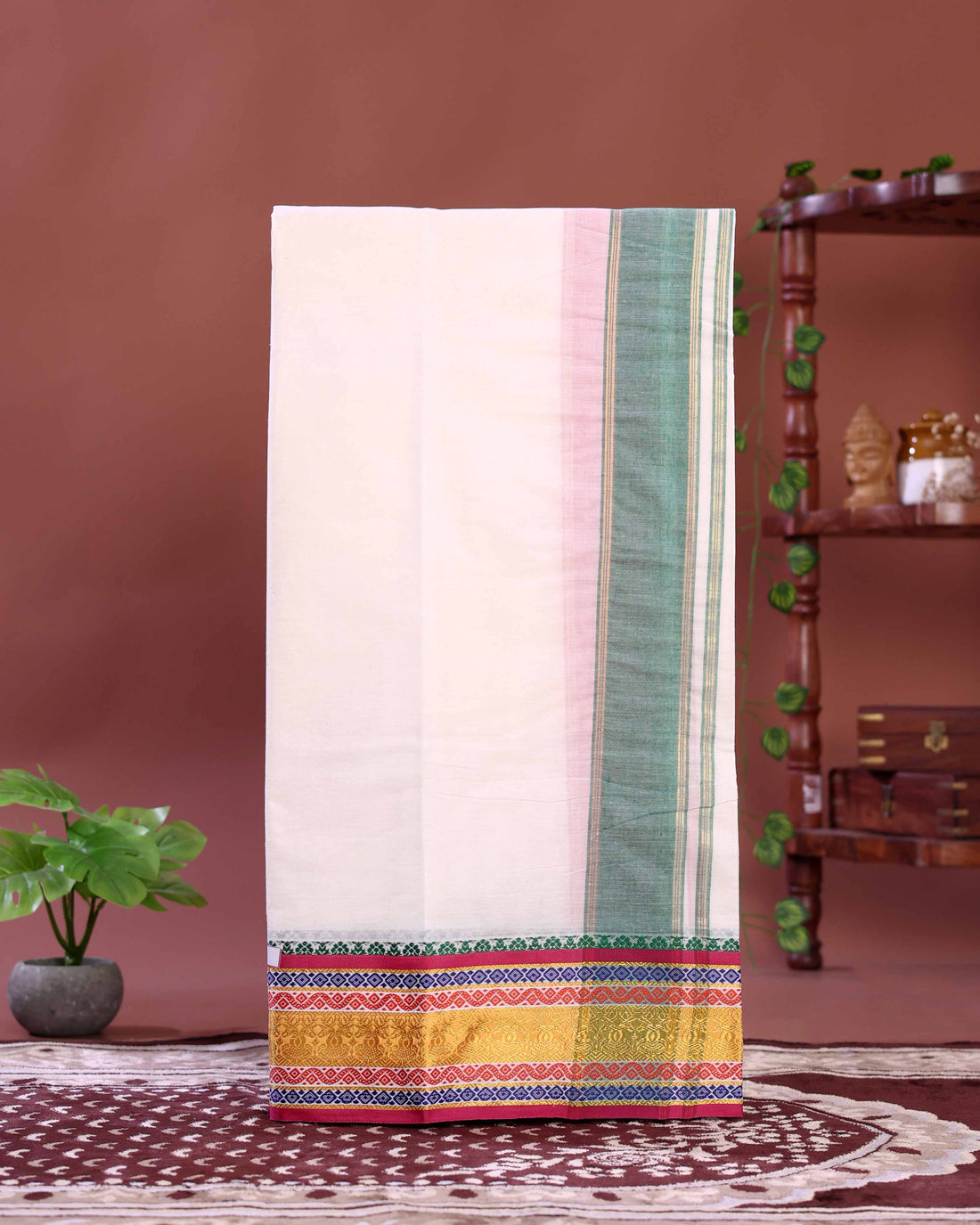 Men’s Traditional Cotton Dhoti 3.65 Meter with Contrast Border and Intricate Multi Pattern Woven Temple Design – Off White