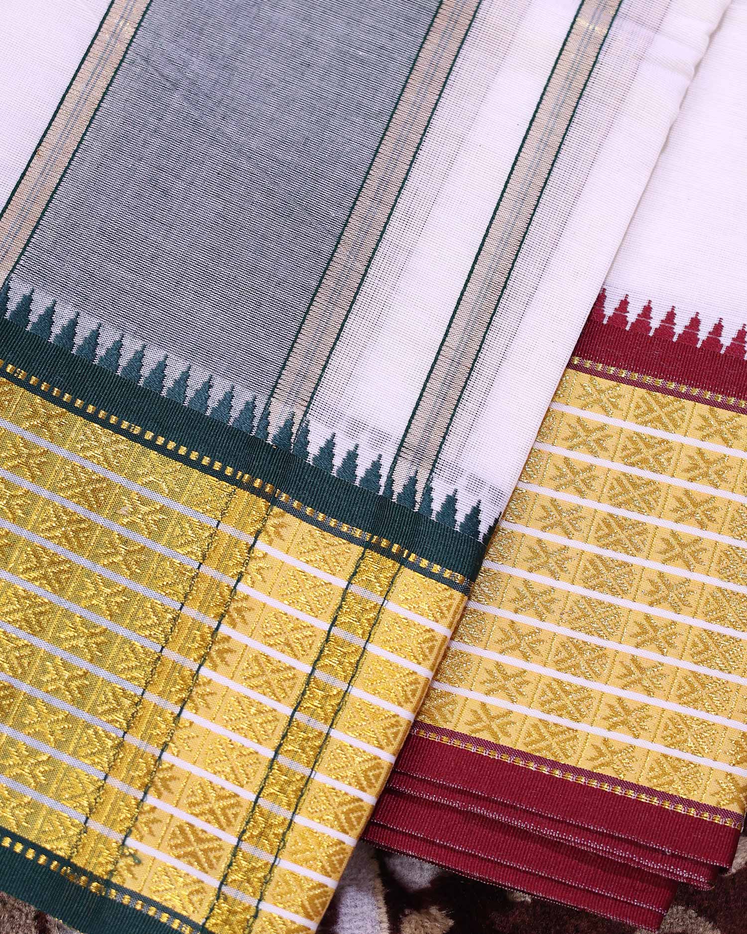 Men’s Traditional Cotton Dhoti 9*5 Meter with Elegant Temple Border – Off White-Close Up