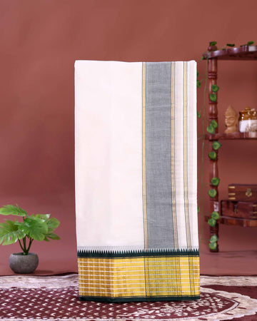 Men’s Traditional Cotton Dhoti 9*5 Meter with Elegant Temple Border – Off White