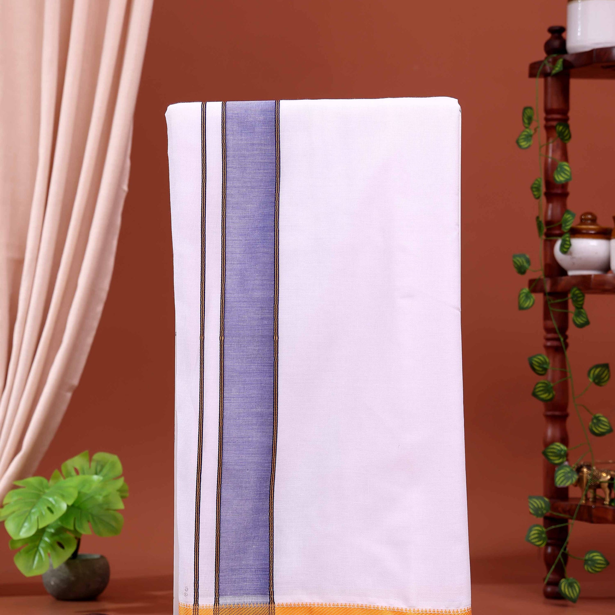 Men’s Traditional Handloom 10*6 Meter Cotton Dhoti with Blue Border - White